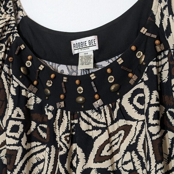 Women's "Robbie Bee" Brown/Tan, Beaded Short Sleeve Peasant Tunic; Size 18W - Picture 2 of 5
